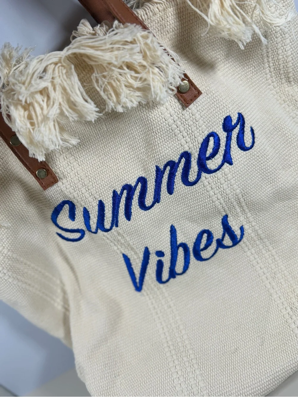 Source Unknown Cream Tote with Blue 'Summer Vibes' Embroidery